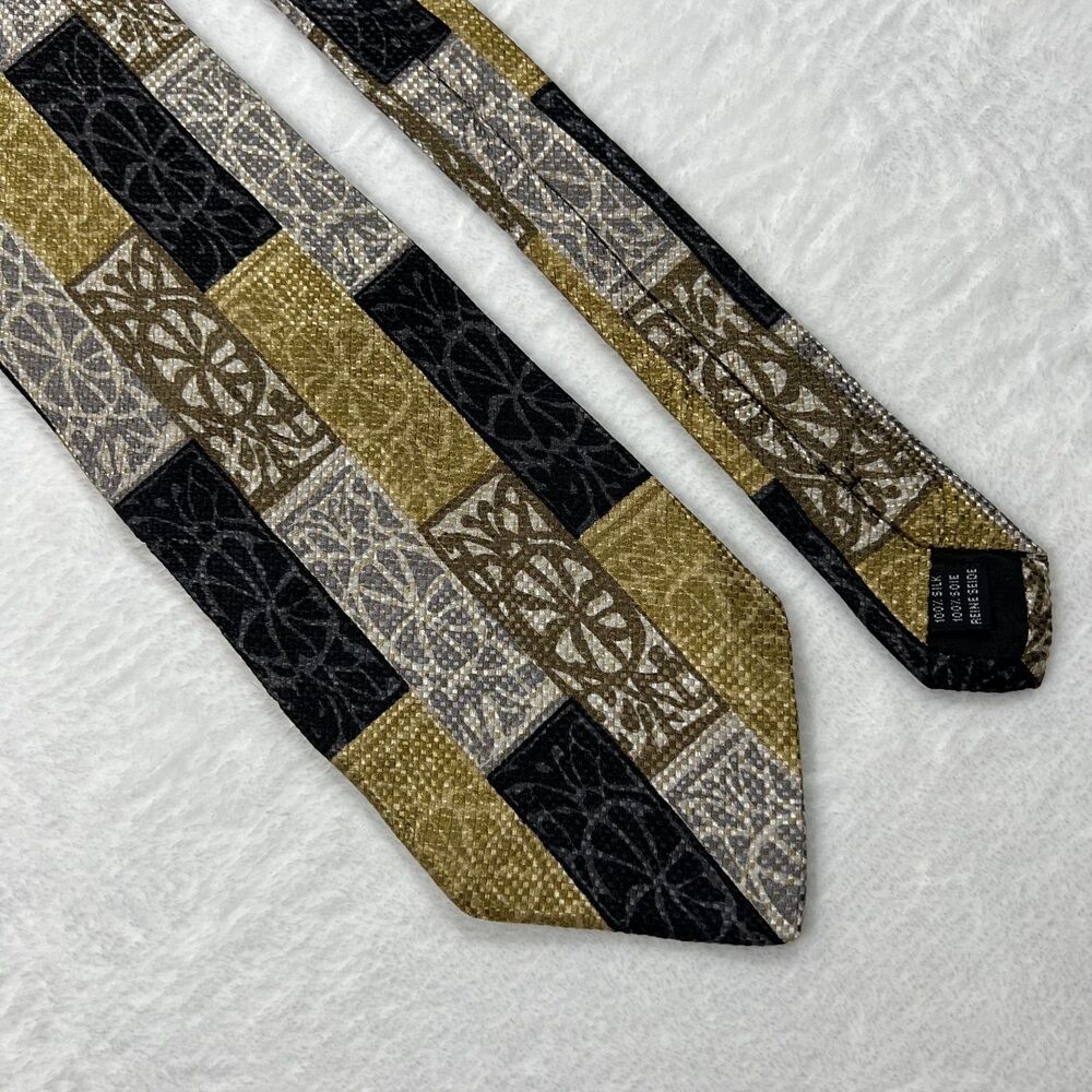 Pavone Mens Silk Necktie Tie Made in Italy Gold Black Geometric Medallion